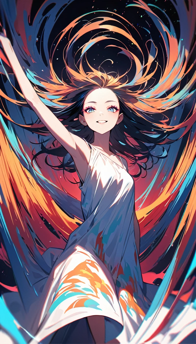 neat and pretty young lady, straight hair, forehead, make-up, smile, loose summer dress, arms are covered in tattoos, 2.5D, delicate and dynamic, shading, contrast magic, beautiful colors effects