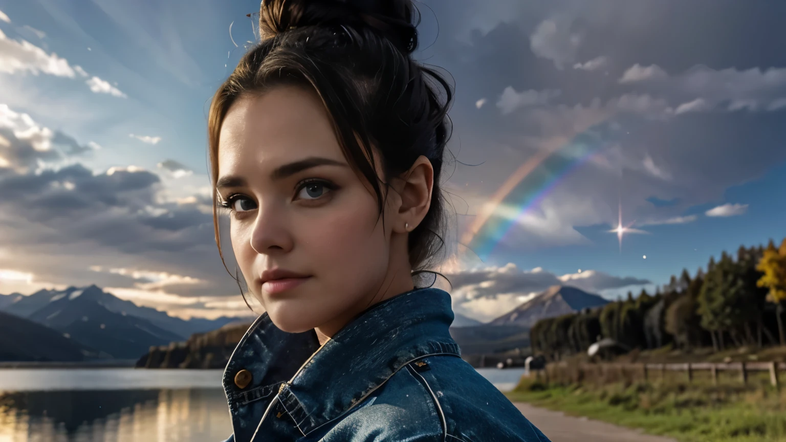 melissa sue anderson, 30 years old, denim jacket, leather skirt, bun hairstyle, another world in the sky, hands behind the back, lake background, shooting star, watching the camera, closeup, close-up, iridescent clouds, sun on the horizon,  BREAK
fire rainbow, Circumhorizontal Arc, BREAK