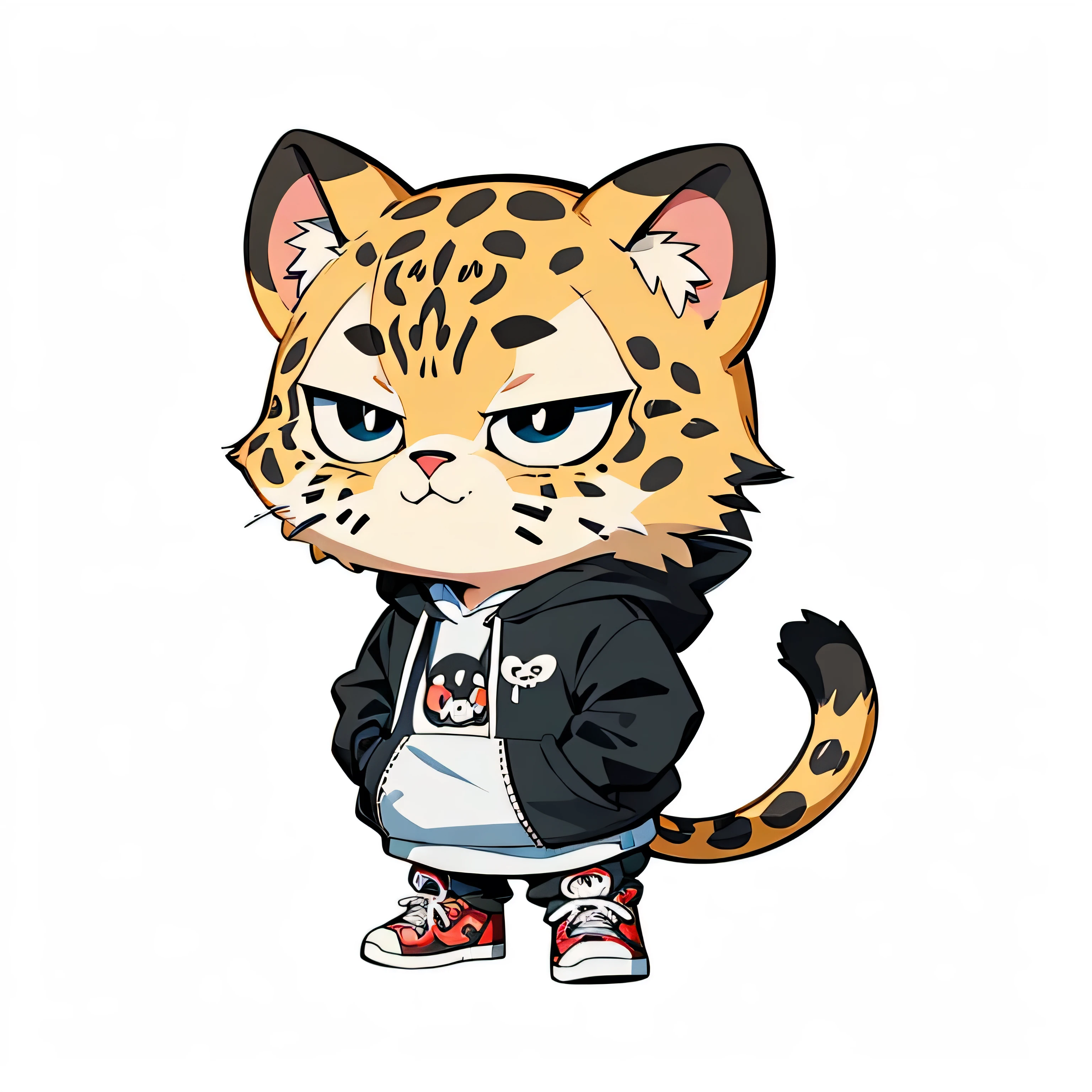 Cartoon image of A Cool Leopard wearing black hoodie, hands in pockets, Black pants, Red sneaker, Cartoon style illustration, Cartoon Art Style, Cartoon Art Style, Digital illustration style, Highly detailed character design, cute detailed digital art, Fan Art, Animal Sticker, Animal Character Design, Sticker Design, beautiful digital illustration, high quality full body sticker, Comic art, Kawaii Character Design, Chibi, Chibi Design, white background