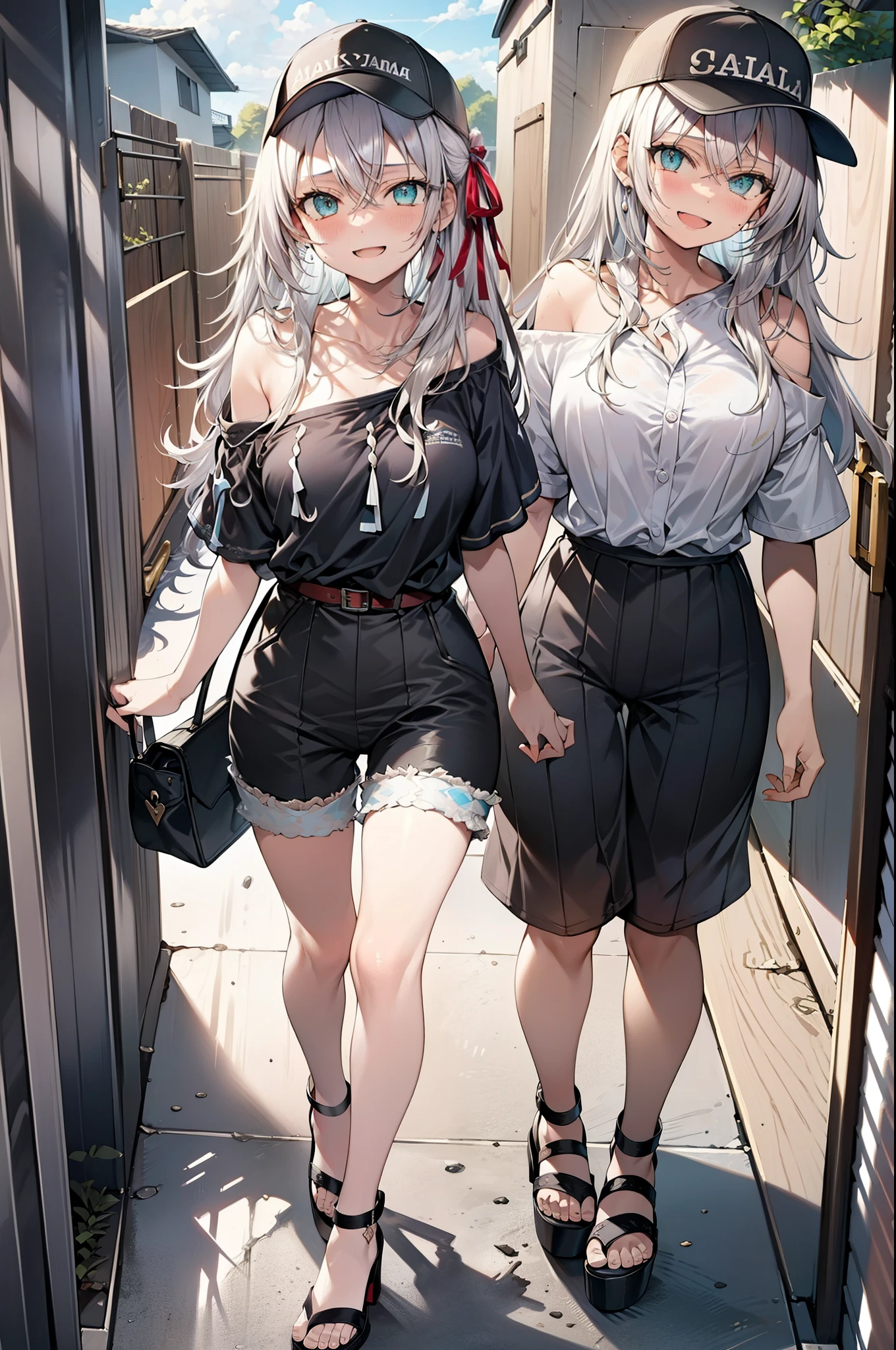  Alisa Mikhailovna Kujo,Hair between the eyes, Aqua Eye, Gray Hair, Long Hair, ribbon, hair ribbon, Oversized one-shoulder shirt,Short sleeve,Shorts,Heeled Sandals,Baseball cap,walk,happy smile, smile, Open your mouth,whole bodyがイラストに入るように,Daytime,sunny,
break outdoors, construction area,
break looking at viewer, whole body,
break (masterpiece:1.2), Highest quality, High resolution, unity 8k wallpaper, (shape:0.8), (Beautiful attention to detail:1.6), Highly detailed face, Perfect lighting, Extremely detailed CG, (Perfect hands, Perfect Anatomy),