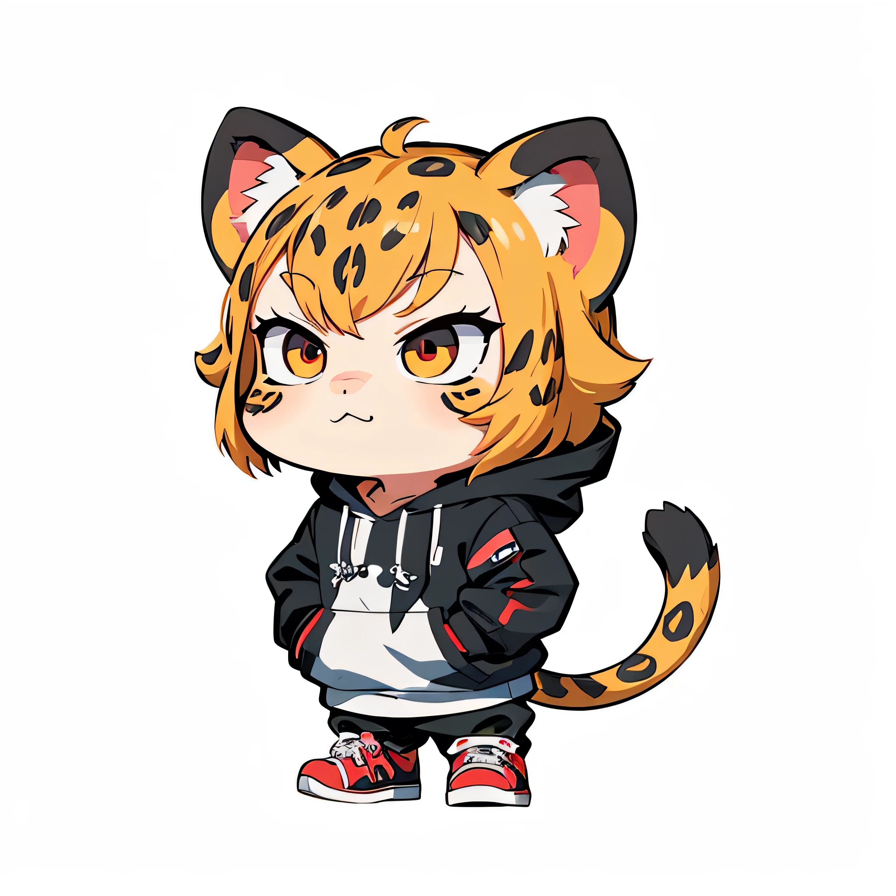 Cartoon image of A Cool Leopard wearing black hoodie, hands in pockets, Black pants, Red sneaker, Cartoon style illustration, Cartoon Art Style, Cartoon Art Style, Digital illustration style, Highly detailed character design, cute detailed digital art, Fan Art, Animal Sticker, Animal Character Design, Sticker Design, beautiful digital illustration, high quality full body sticker, Comic art, Kawaii Character Design, Chibi, Chibi Design, white background