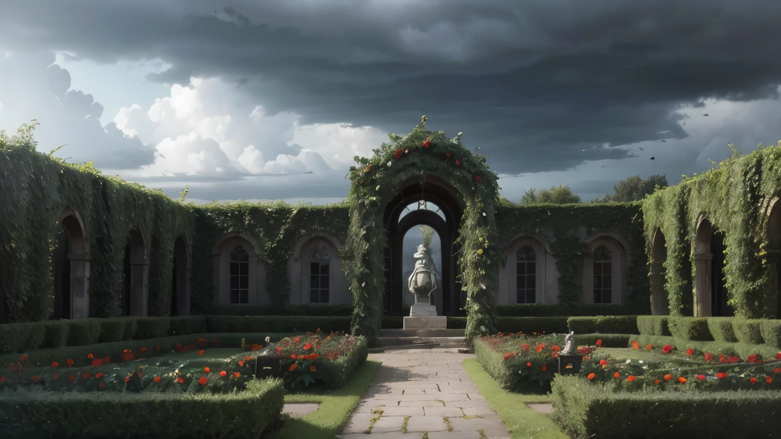 Make a big garden seen from afar with a labyrinth bush gardening vegetation, a Greek statue. Enter the gothic style, with cloudy weather and gray sky, a dark atmosphere, red flowers and soft gardening vegetation, background, DETAIL LIKE AN RPG
