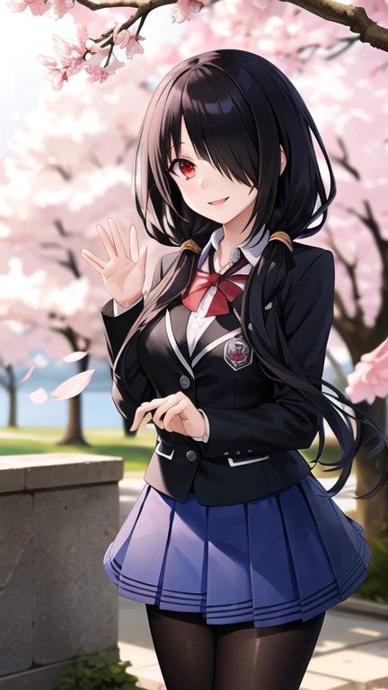 masterpiece, best quality, highres, 1girl, bbkurumi, long hair, hair over one eye, low twintails, , black jacket, pleated skirt, blue skirt, black pantyhose, standing, outdoors, cowboy shot, smile, cherry blossoms, waving,