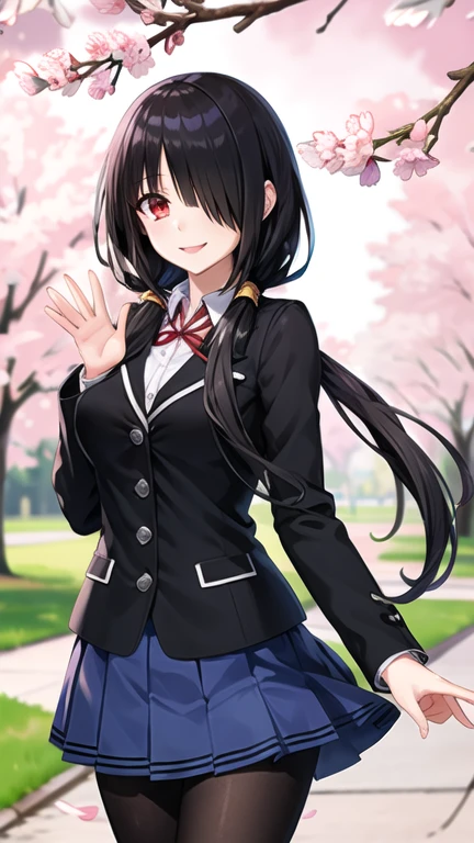 masterpiece, best quality, highres, 1girl, bbkurumi, long hair, hair over one eye, low twintails, , black jacket, pleated skirt, blue skirt, black pantyhose, standing, outdoors, cowboy shot, smile, cherry blossoms, waving,