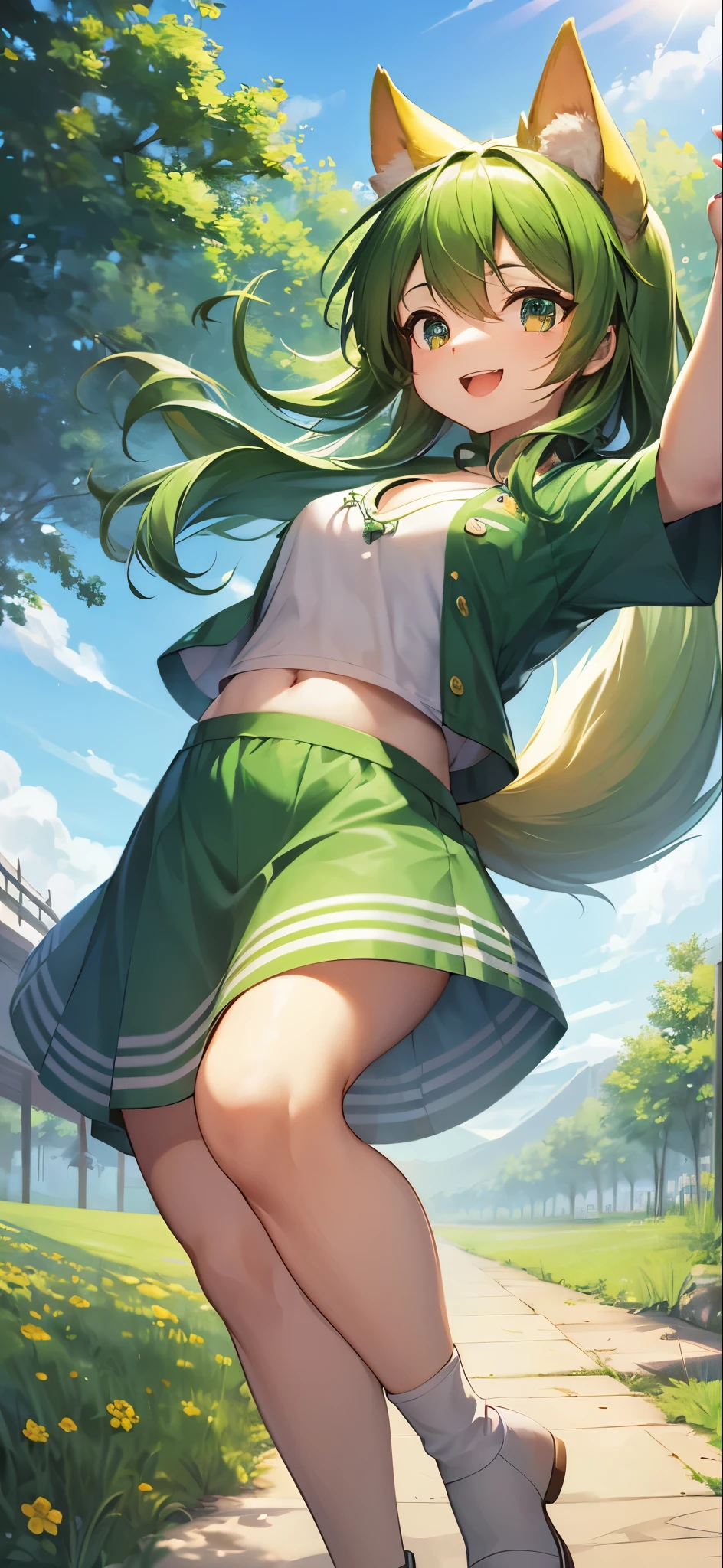 A cheerful and friendly adult female protagonist with dog-like features, wearing green clothes. She has a warm and inviting smile, radiating a carefree and lively spirit. Her posture is open and enthusiastic, reflecting her outgoing personality. She has dog-like ears that are perked up and expressive, and her eyes are bright and playful. Her hair is tousled in a cute, carefree style, and a dog's tail can be seen wagging behind her. The background is a vibrant outdoor setting, perhaps a sunny meadow or a lively park, highlighting her adventurous and joyful nature.