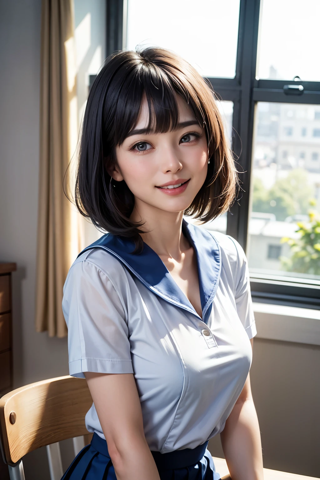 (Masseter muscle area、Highest quality、Best image quality、High definition、Highest quality、Highest Resolution、Draw everything in high resolution、Very beautiful woman)、{Sailor suit|high school girl|blazer|Pleated skirt|mini skirt|Huge boobs}  school uniform)、Vivid crystal light blue eyes、Very light-colored eyes、Smaller diamond-shaped earrings、Please look closely at the camera、Listen carefully、Beautiful Hair、Beautiful very short hair with bangs using bangs:1.6、Show off your beautiful décolletage、Beautiful 28 years old、Lip gloss、Long neck、Smile、Cute Smile、Beautiful teeth alignment、Beauty、Beautiful woman、A pure white business shirt with an open chest、Illuminate the light from the window、Slightly larger eyes、Very mature and beautiful woman、Small Face、Tall Supermodels、Broad shouldered supermodel、Very beautiful large breasts、Beautiful cleavage、The background is a school classroom.