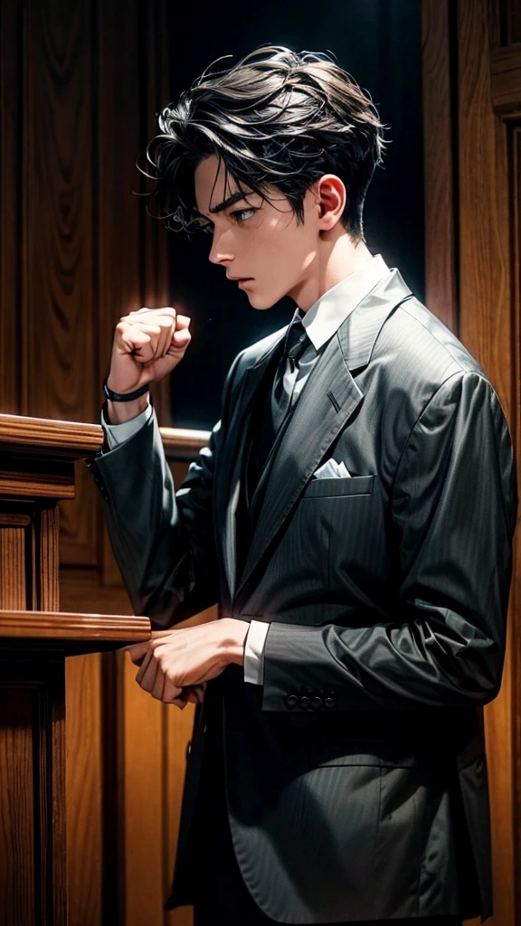 lawyer、Formal suit、Courtroom scene、Closing argument to the jury、Raising his fist and making a passionate speech