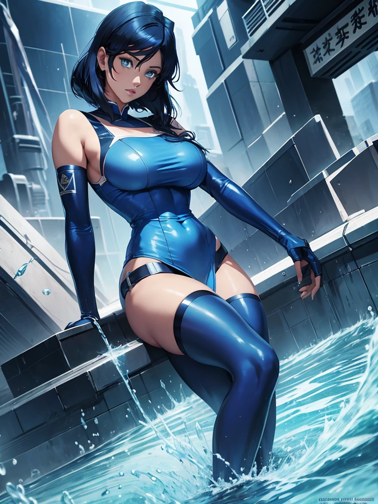 Sailor mercury in full police  suit,long blue hair,Blue Power Ranger, hurricane ,Sexy goth woman big breast, character sheet,inside a pool,High Resolution, Large breasts, cyber samurai sailor suit
,ice swords
￼,blue lips