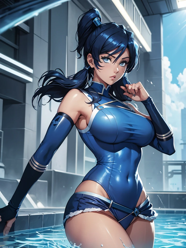 Sailor mercury in full police  suit,long blue hair,Blue Power Ranger, hurricane ,Sexy goth woman big breast, character sheet,inside a pool,High Resolution, Large breasts, cyber samurai sailor suit
,ice swords
￼,blue lips