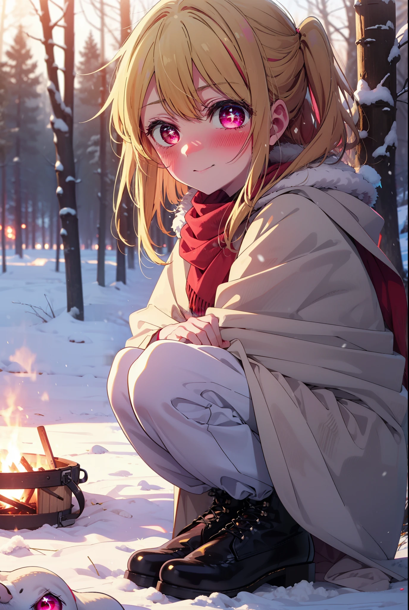 rubyhoshino, Hoshino Ruby, Long Hair, bangs, blonde, (Pink Eyes:1.3), Side Lock, (Symbol-shaped pupil:1.5), Multicolored Hair, Two-tone hair, smile,,smile,blush,white breath,
Open your mouth,snow,Ground bonfire, Outdoor, boots, snowing, From the side, wood, suitcase, Cape, Blurred, , forest, White handbag, nature, Squat, Mouth closed, Cape, winter, Written boundary depth, Black shoes, red Cape break looking at viewer, Upper Body, whole body, break Outdoor, forest, nature, break (masterpiece:1.2), Highest quality, High resolution, unity 8k wallpaper, (shape:0.8), (Beautiful and beautiful eyes:1.6), Highly detailed face, Perfect lighting, Highly detailed CG, (Perfect hands, Perfect Anatomy),