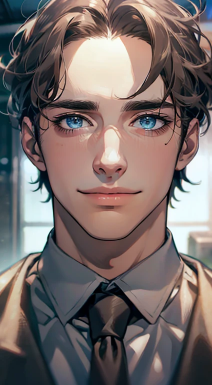 (best quality,4k,8k,highres,masterpiece:1.2),ultra-detailed,(realistic,photorealistic,photo-realistic:1.37),1 man,31 years old,mature man,very handsome,without expression,smile,short grey brown hair,blue eyes,penetrating gaze,perfect face without errors,imposing posture,businessman,office background,cinematic lighting,hdr image