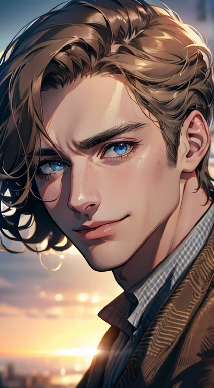 (best quality,4k,8k,highres,masterpiece:1.2),ultra-detailed,(realistic,photorealistic,photo-realistic:1.37),1 man,31 years old,mature man,very handsome,without expression,smile,short grey brown hair,blue eyes,penetrating gaze,perfect face without errors,imposing posture,businessman,office background,cinematic lighting,hdr image