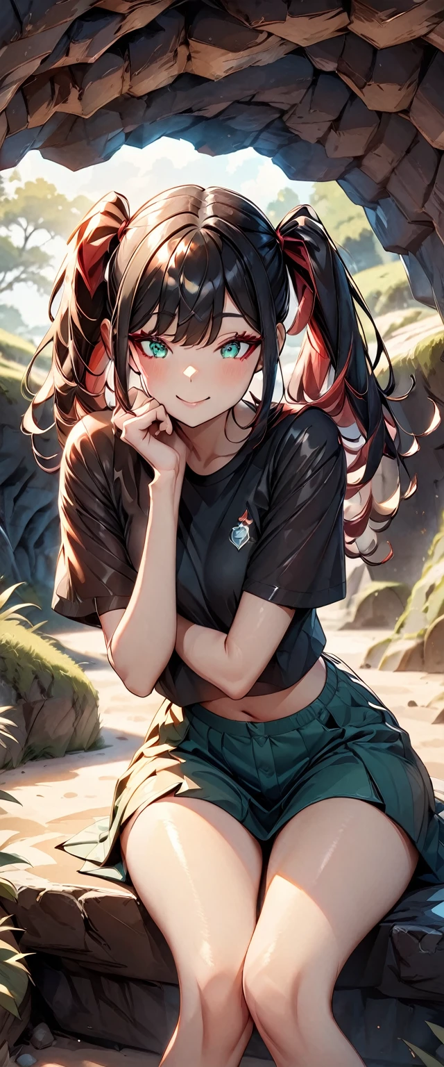 Photo of a girl with natural skin, ((Baby Face)), Smiling, ((Sitting, Leaning forward, Cheek resting on hand)), (((From the side))), Round face, A girl wearing mainly black and red, ((Upper Body)), Beach cave, The light is shining in, High Twintails, Black hair with red mesh, Sharp eyes with red eyeshadow, Blue-green eyes, Shining eyes, A thin, upturned nose, Well-shaped lips, ((crop top overhang, Short sleeve, Black clothes, Thighs, Glamour body)), Makeup, Exquisitely crafted with the utmost attention to detail, Vibrant, amazing, Smooth, Cinematic, 4K, Backlight, (()), Shallow depth of field, ((Detailed eyes:1.3, Detailed lips:1.3, high quality, )), masterpiece, Super detailed images, High quality