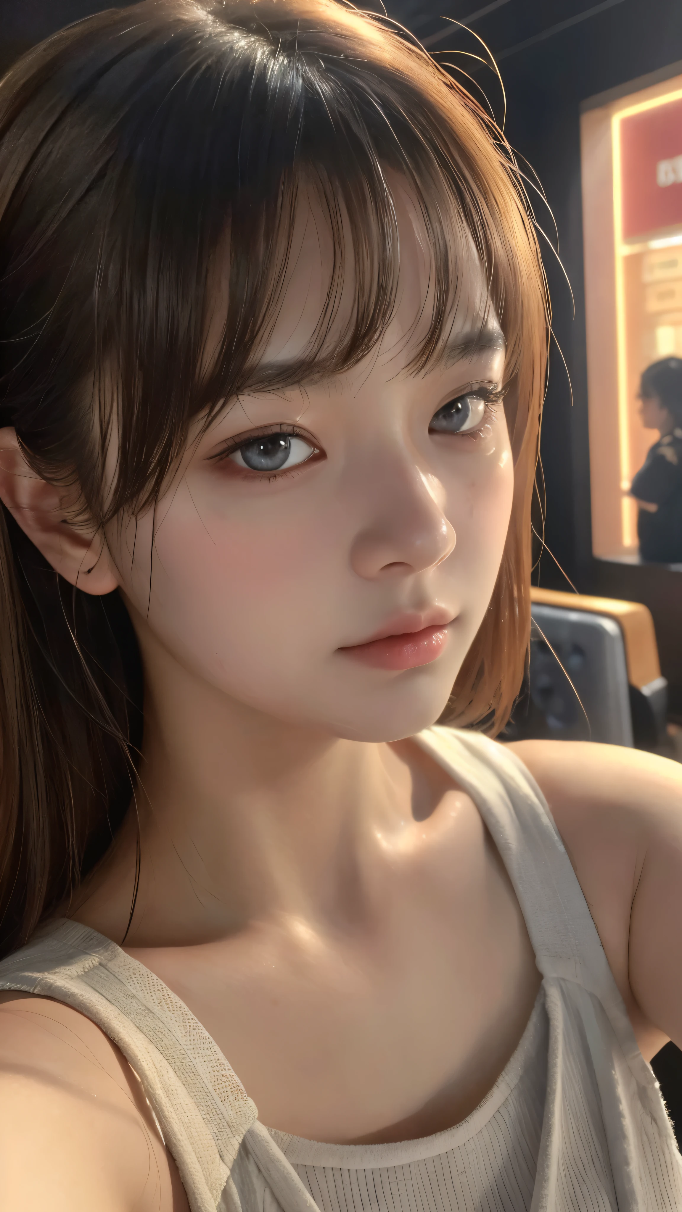 8k, Highest quality, masterpiece, Ultra-high resolution, (realism: 1.4), Original photo, (Realistic skin texture: 1.3), (Film Grain: 1.3), (Selfie angle), 1 girl, Beautiful eyes and facial details, masterpiece, Highest quality, close, Upper Body, Looking at the audience