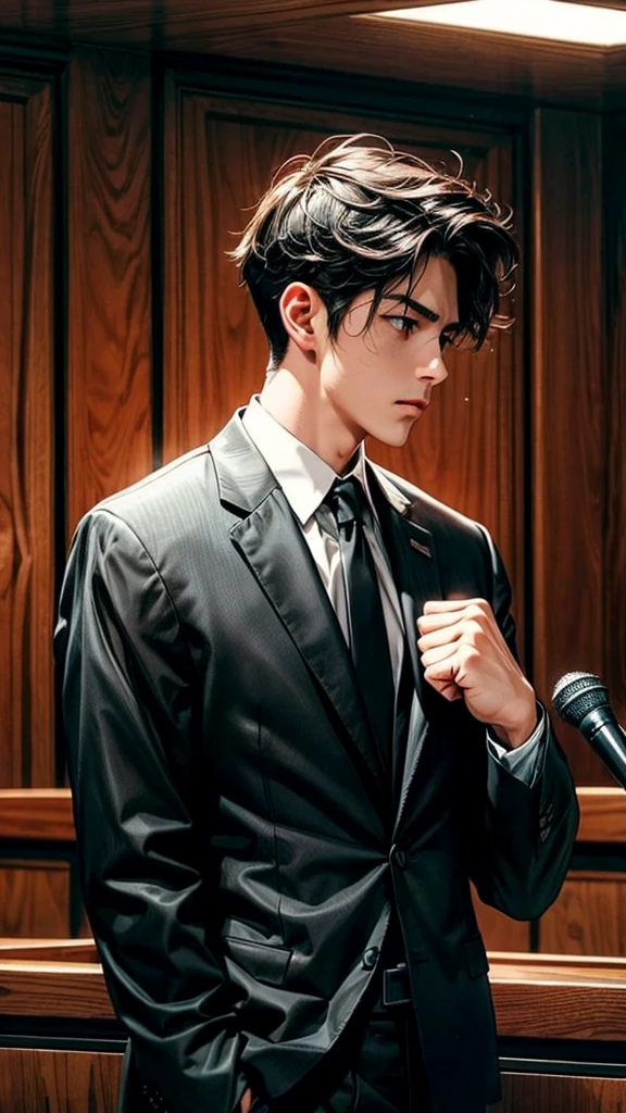 lawyer、Formal suit、Courtroom scene、Closing argument to the jury、Raising his fist and making a passionate speech
