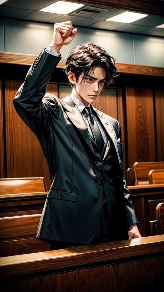 lawyer、Formal suit、Courtroom scene、Closing argument to the jury、Raising his fist and making a passionate speech