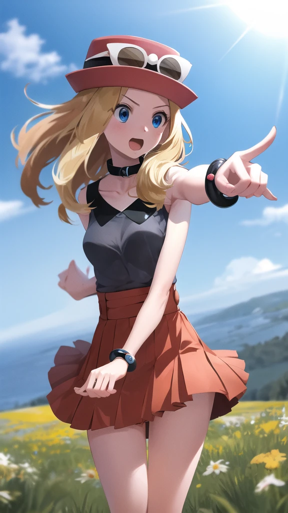 masterpiece, Best Quality, High resolution, blue eyes, Serena \(Pokémon\), 1 girl, Alone, thighs, by the wide, has, jewelry, bracelet, black thighs, collar shirt, pleated skirt, Red skirt, sleeveless, High waist skirt, sleeveless shirt, eyelashes, pink hats, black shirt, glasses in hats, field, wariza, surprised, pointing, Session