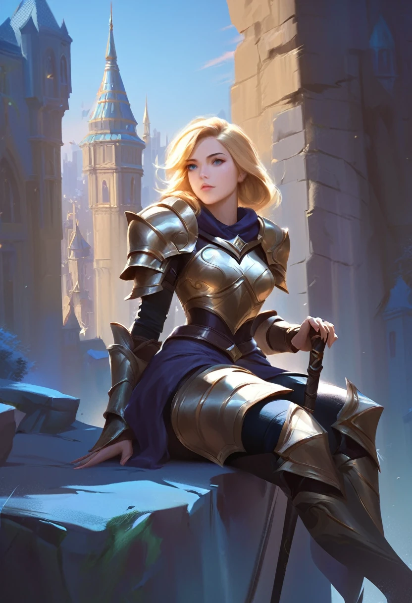 young blonde woman sitting on the corner of a cliff, city, background sky, sitting on high, blonde girl, foreground, cane on the ground, itself, chest and waist armor, light armor, fabric underneath, Lux, League of Legends, digital painting, semirealistic, high detailed, render