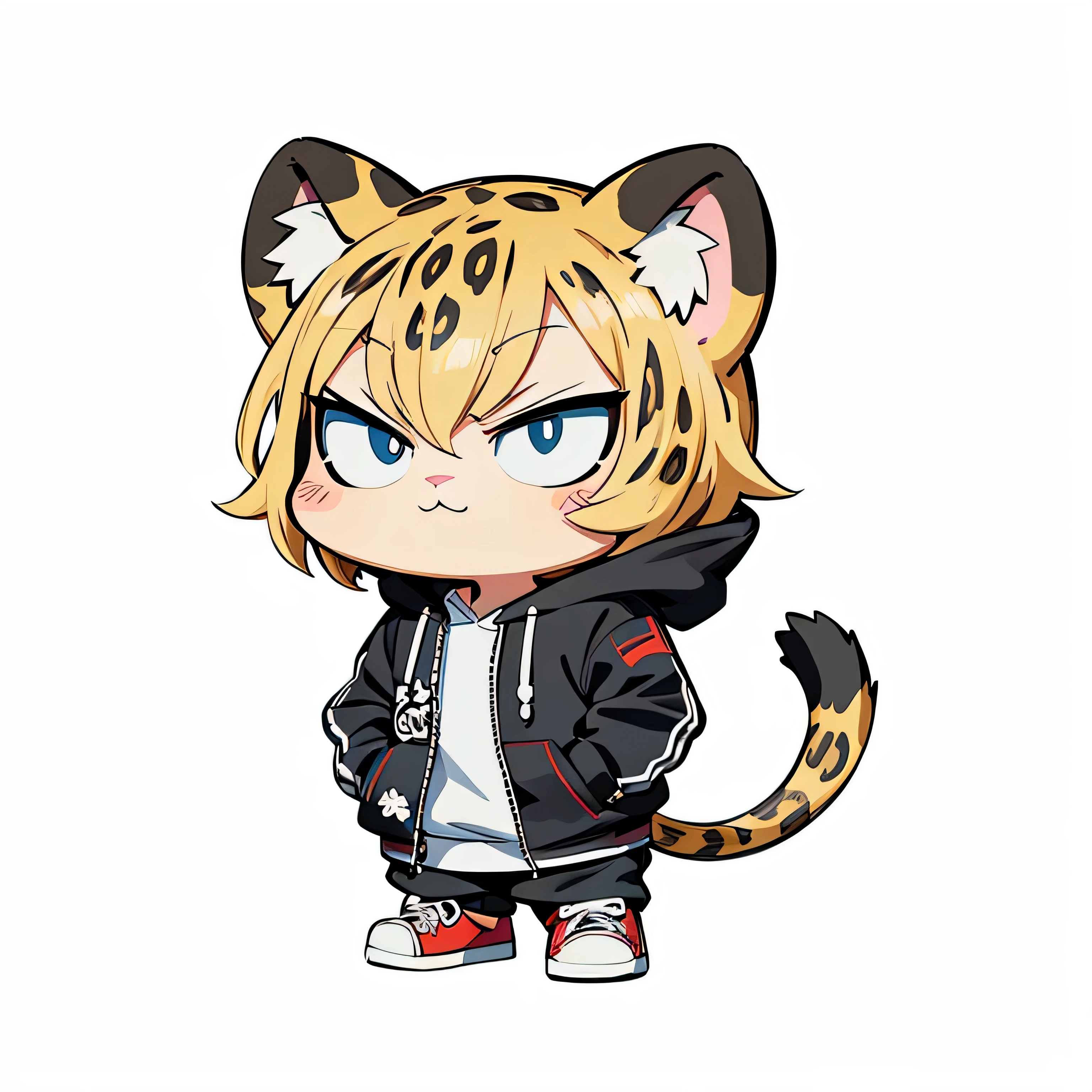 Cartoon image of A Cool Leopard wearing black hoodie, hands in pockets, Black pants, Red sneaker, Cartoon style illustration, Cartoon Art Style, Cartoon Art Style, Digital illustration style, Highly detailed character design, cute detailed digital art, Fan Art, Animal Sticker, Animal Character Design, Sticker Design, beautiful digital illustration, high quality full body sticker, Comic art, Kawaii Character Design, Chibi, Chibi Design, white background