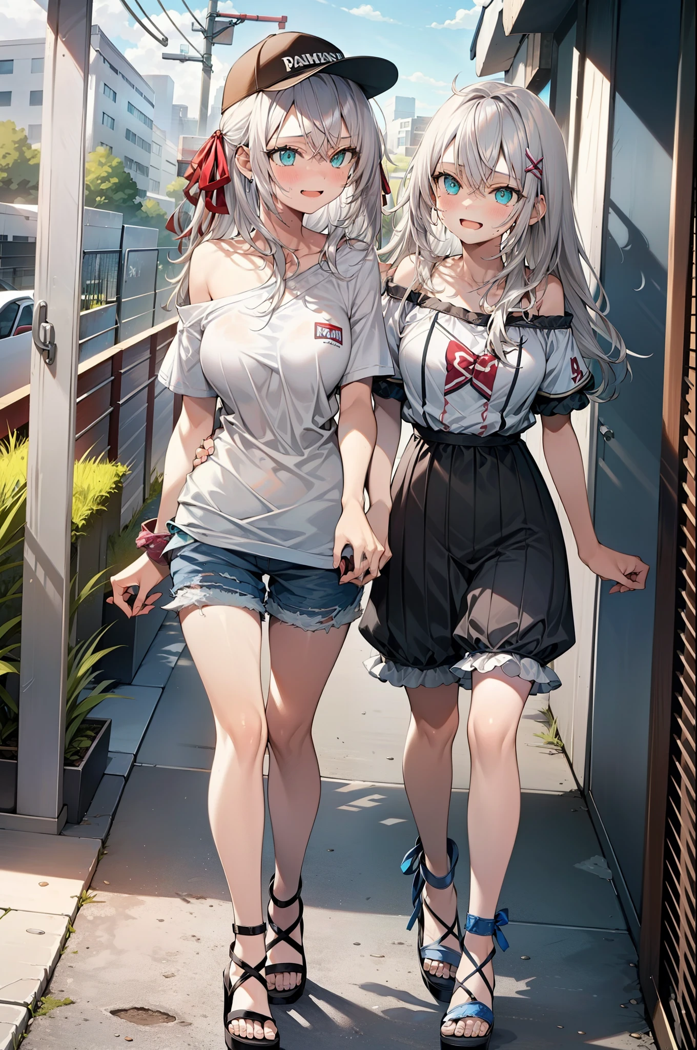 Alisa Mikhailovna Kujo,One Girl,Hair between the eyes, Aqua Eye, Gray Hair, Long Hair, ribbon, hair ribbon, Oversized one-shoulder shirt,Short sleeve,Shorts,Heeled Sandals,Baseball cap,walk,happy smile, smile, Open your mouth,whole bodyがイラストに入るように,Daytime,sunny,
break outdoors, construction area,
break looking at viewer, whole body,
break (masterpiece:1.2), Highest quality, High resolution, unity 8k wallpaper, (shape:0.8), (Beautiful attention to detail:1.6), Highly detailed face, Perfect lighting, Extremely detailed CG, (Perfect hands, Perfect Anatomy),