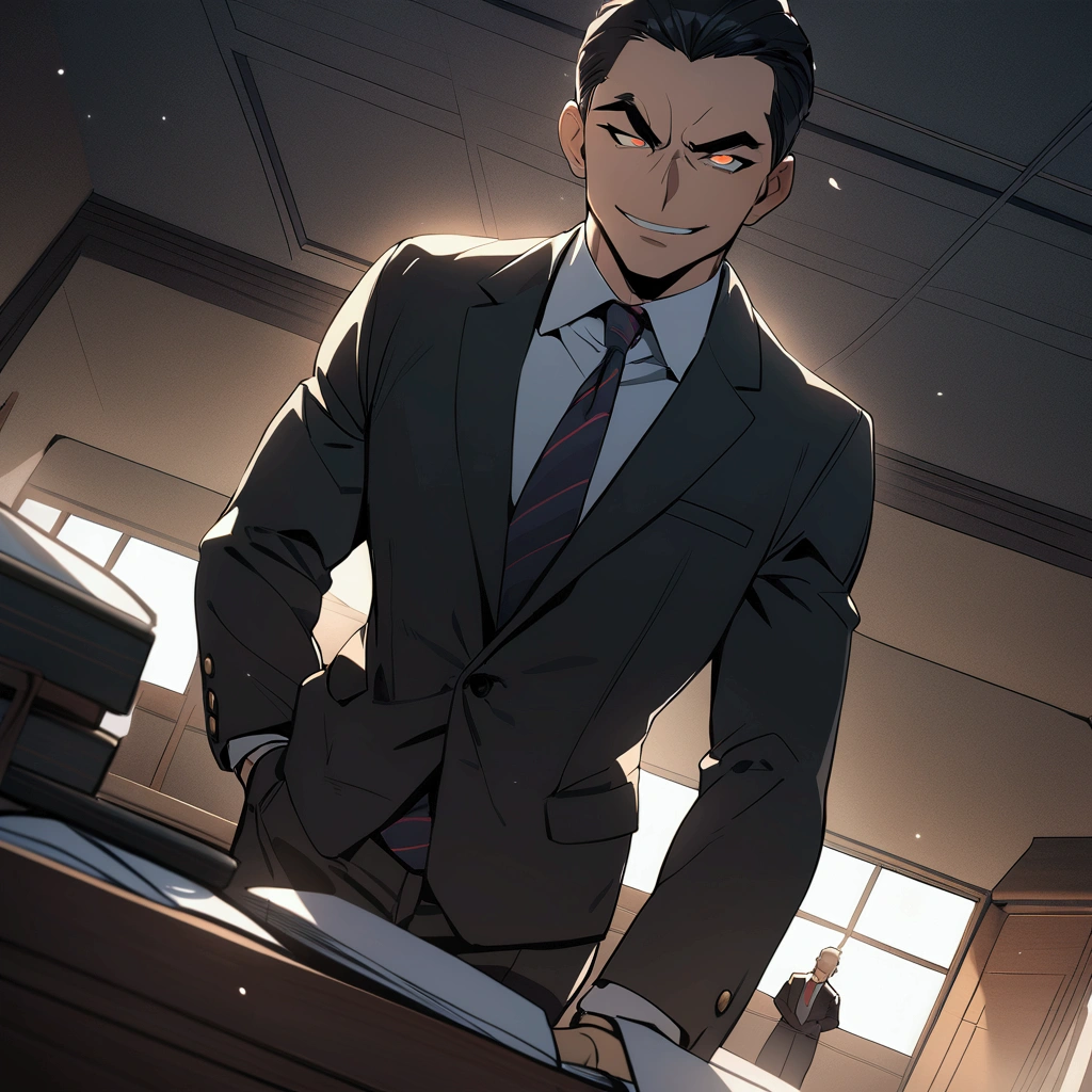 Masterpiece:1.1,Highest quality,8k,2D Animation,courtroom,1boy,a lawyer is talking enthusiastically,standing,evil smile,troubled eyebrows,Bright fluorescent lighting,looking at viewer, dynamic angle,
