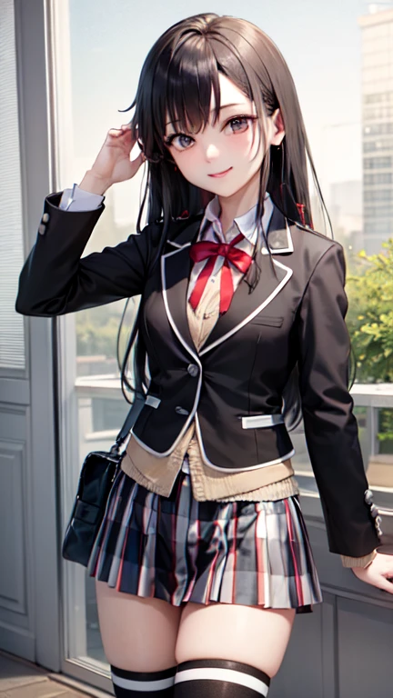 (masterpiece, best quality:1.2), cowboy shot, solo, 1girl, yukinoshita yukino, smile, closed mouth, looking at viewer, , black jacket, plaid skirt, thighhighs