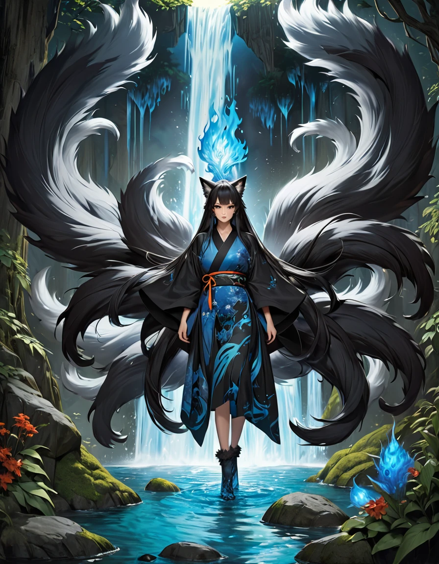 ((full body shot at distance)) , (((1girl))), (realistic fox-girl with black hair and nine tails surrounded by motes of blue fire, looking at a waterfall) , (nine tails with black fur:2.0 ) , (image centered on subject, with her tails spread, (((((tails behind subject))))), ), ((pov, from behind)), ((waterfall)), moon , (anatomical perfect), (beautiful human face, high cheekbones, green eyes fox ears) , (very detailed ankle length kimono with a loose fit:1.5 ) , inspired by Sugimura Jihei, delicate and fine, (tentacles:fox tails:0.5), white form, inspired by Sōami, jormungand, mystical creatures, realistic, ultra detailed, dynamic pose, moonlit night detailed forest background, vegetation in the foreground