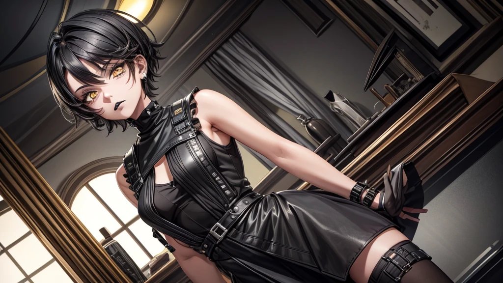 1girl, punk, short hair, black hair, yellow eyes, eyelashes, eyeshadow, (black lipstick:1.2),nose piercing, lip piercing, black dress ,black baggy shirt, (sleeveless), tight black dress, spikes bracelet, standing, looking at viewer, facing viewer, expressionless, hands in pockets, indoors, night, night sky, no sunlight, SOLO, masterpiece, extremely detailed CG unity 8k wallpaper, best quality,32k, focus sharp