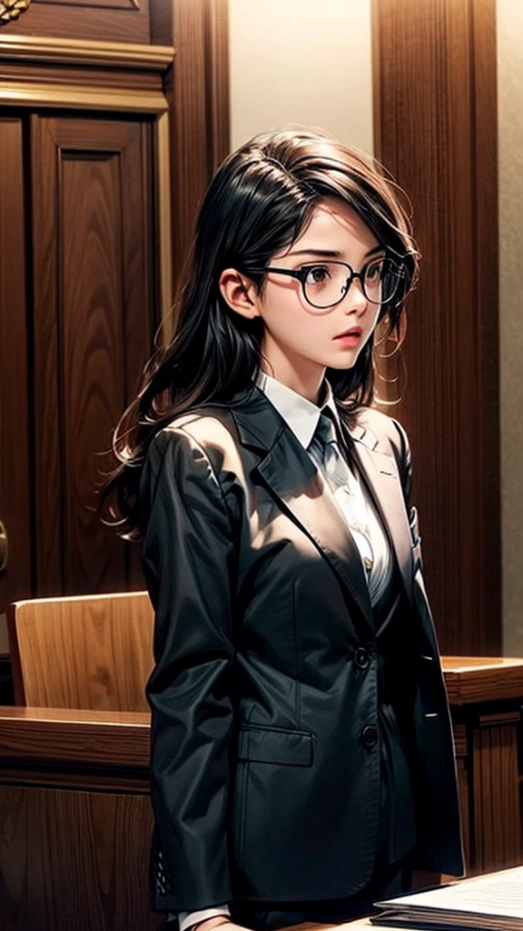 Young female lawyer、Formal suit、Glasses、Courtroom scene、Closing argument to the jury、Raising his fist and making a passionate speech