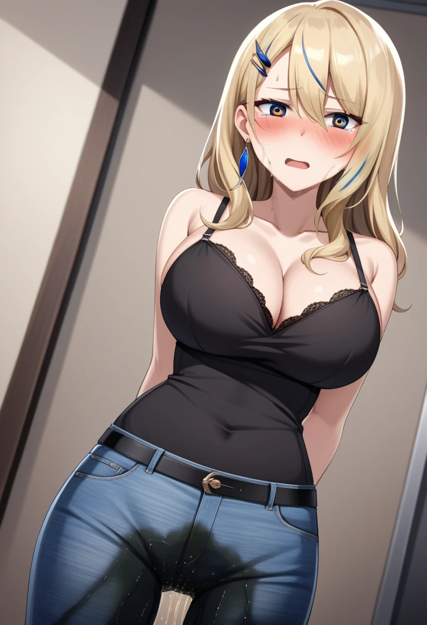 (high quality,Very detailed:1.37, High resolution), Woman, Serval Landau, jeans, large breasts, wetting herself, (standing:1.5), embarrassed, humiliation, (sweating:1.5), (blushing:1.5), Meticulous details, (extremely detailed eyes:1.37)