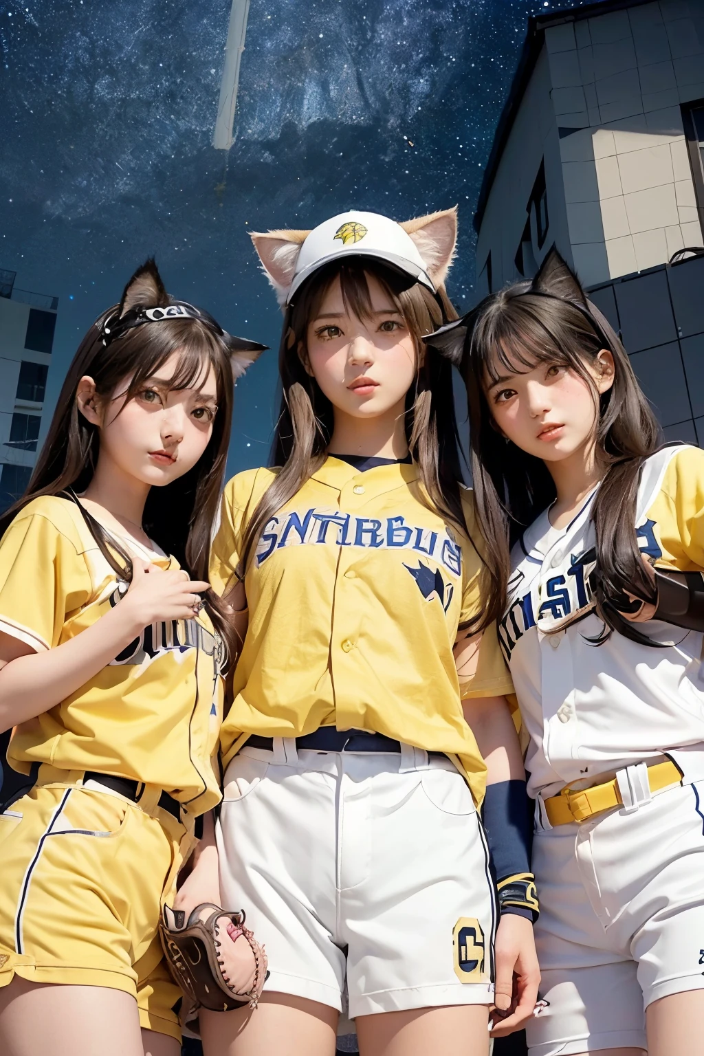 Three Girls, Long Hair, High resolution, Blushing, Open your mouth, (Cat ears:1.3), Pink eyes, (Baseball uniform:1.3), (Yellow helmet:1.3),(Playing Baseball:1.5),
(Starry Sky:1.6),Masterpiece, (From below:1.4)