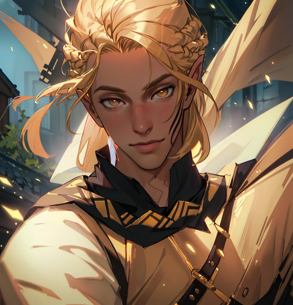 (Highest quality, masterpiece, Very detailedな, Very detailed, Exquisite, 16K,Full HD),No text,Golden Hair,zevran,male