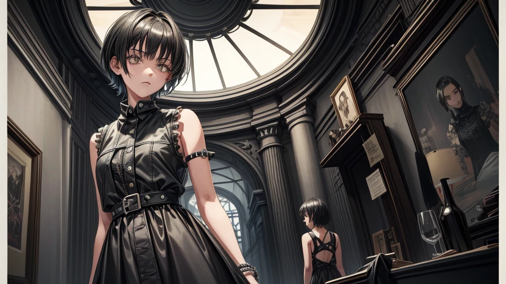 1girl, punk, short hair, black hair, yellow eyes, (black lipstick:1.2), black dress, black baggy shirt, (sleeveless), tight black dress, spikes bracelet, standing, looking at viewer, facing viewer, expressionless, hands in pockets, indoors, night, night sky, no sunlight, SOLO, masterpiece, extremely detailed CG unity 8k wallpaper, best quality,32k, focus sharp