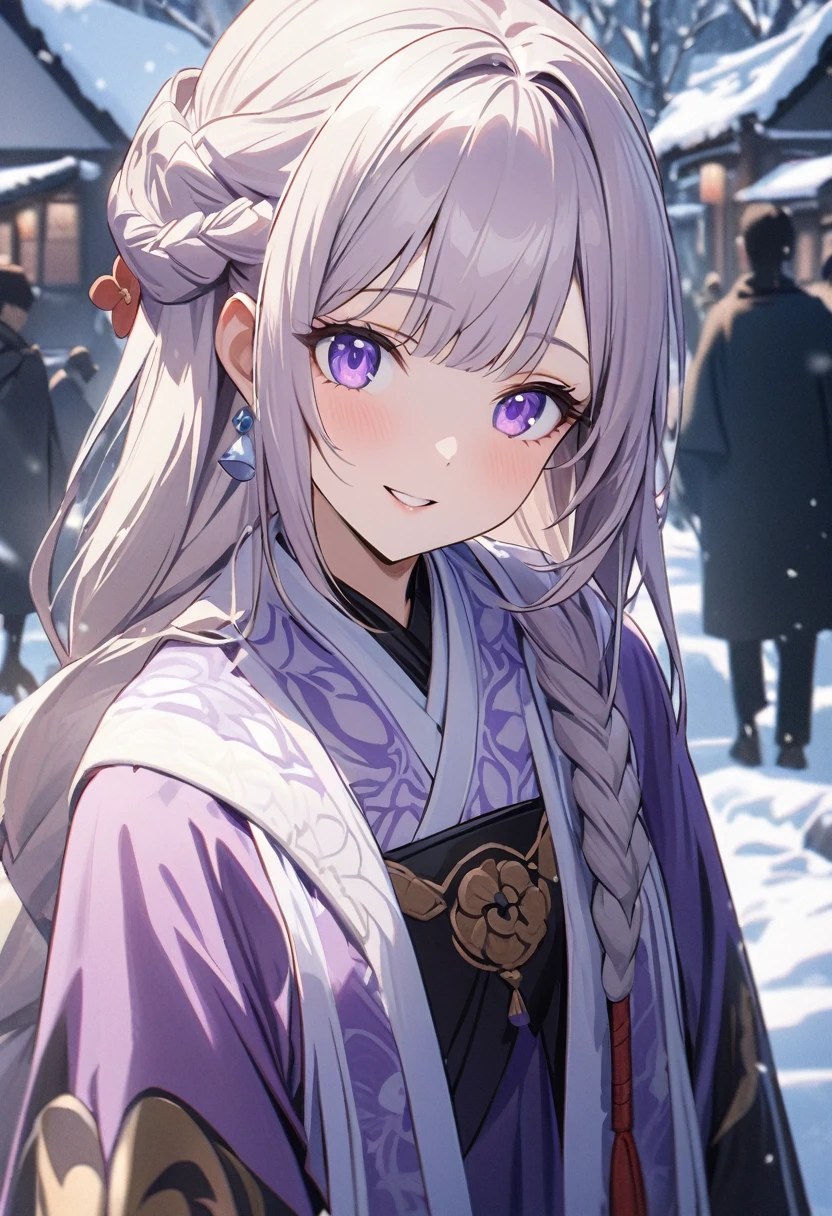 Bright purple Taoist robe, Hanfu long skirt, big eyes, masterpiece absolute beauty, 1 woman, close-up. Close-up, healing smile, snow scene, 4K picture quality, twisted braid, princess hairstyle princess cut, simple hair accessories, plum blossoms, people can't forget the beauty when they see it