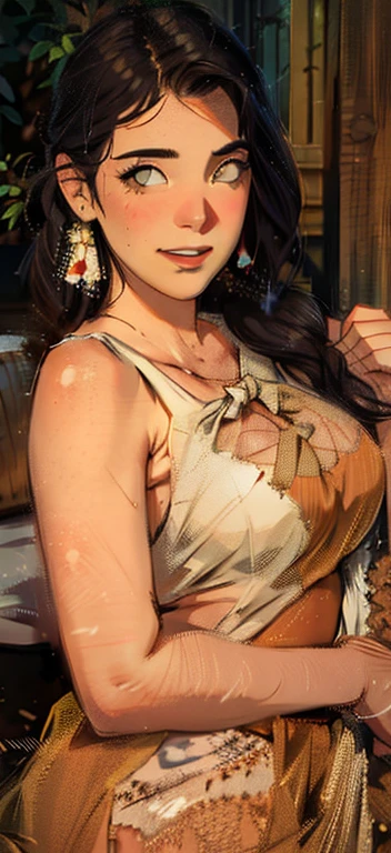 a hyper-realistic portrait of a young woman, smiling, under a tree, inside a forest, in the middle of nature, 22 years old, realistic, (lying on her side), sexy, (huge breasts 2:1), short brown hair, (hair tied with bows), curved, SFW