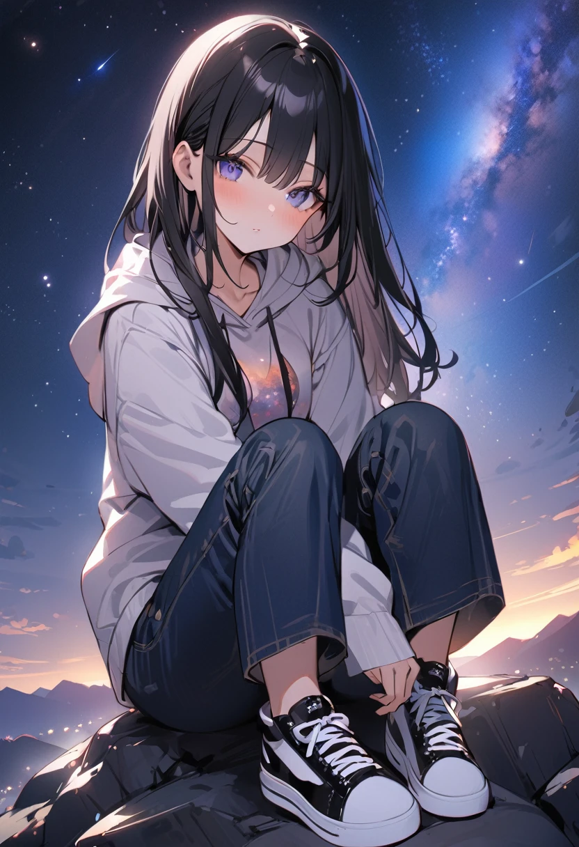 ((Highest quality))、((masterpiece))、(detailed)、((Anatomically correct))、(High resolution、8k)、(Beautiful Skin:1.1)、One woman、Shiny black hair、long hair、Straight Hair、(Beautiful eyes:1.2)、hoodie、denim、sneakers、On top of the mountain、sitting on a rock、Night Sky、milky way、Shining Star