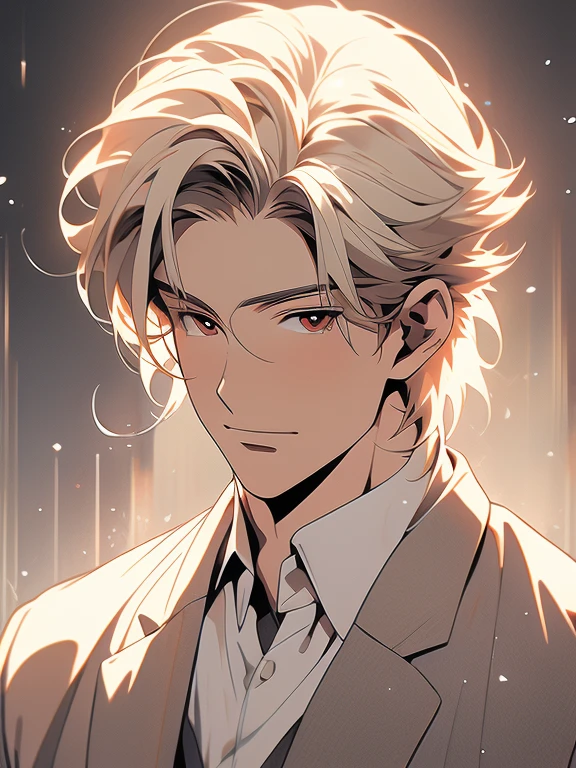standing alone, anime drawing of a man with blond hair and red eyes, clean anime outlines, prayer posture, side bangs, Average hair length, anime portrait of a handsome man, male anime style, facial smile