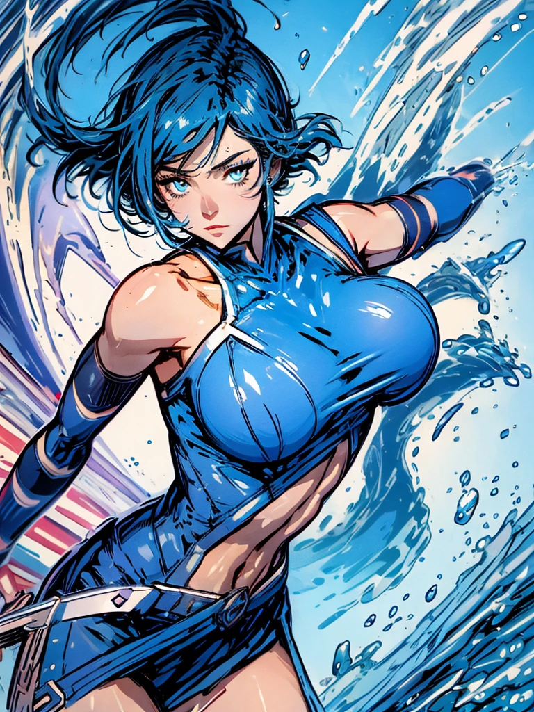 Sailor mercury in full police suit,long blue hair,Blue Power Ranger, hurricane ,Sexy goth woman big breast, character sheet,inside a pool,High Resolution, Large breasts, cyber samurai sailor suit
,ice swords
,blue lipsSolo, Looking at viewer, open chest,
