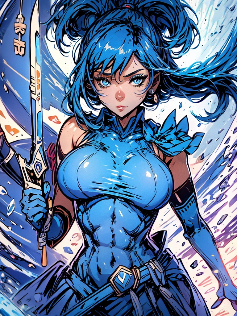 Sailor mercury in full police suit,long blue hair,Blue Power Ranger, hurricane ,Sexy goth woman big breast, character sheet,inside a pool,High Resolution, Large breasts, cyber samurai sailor suit
,ice swords
,blue lipsSolo, Looking at viewer, open chest,