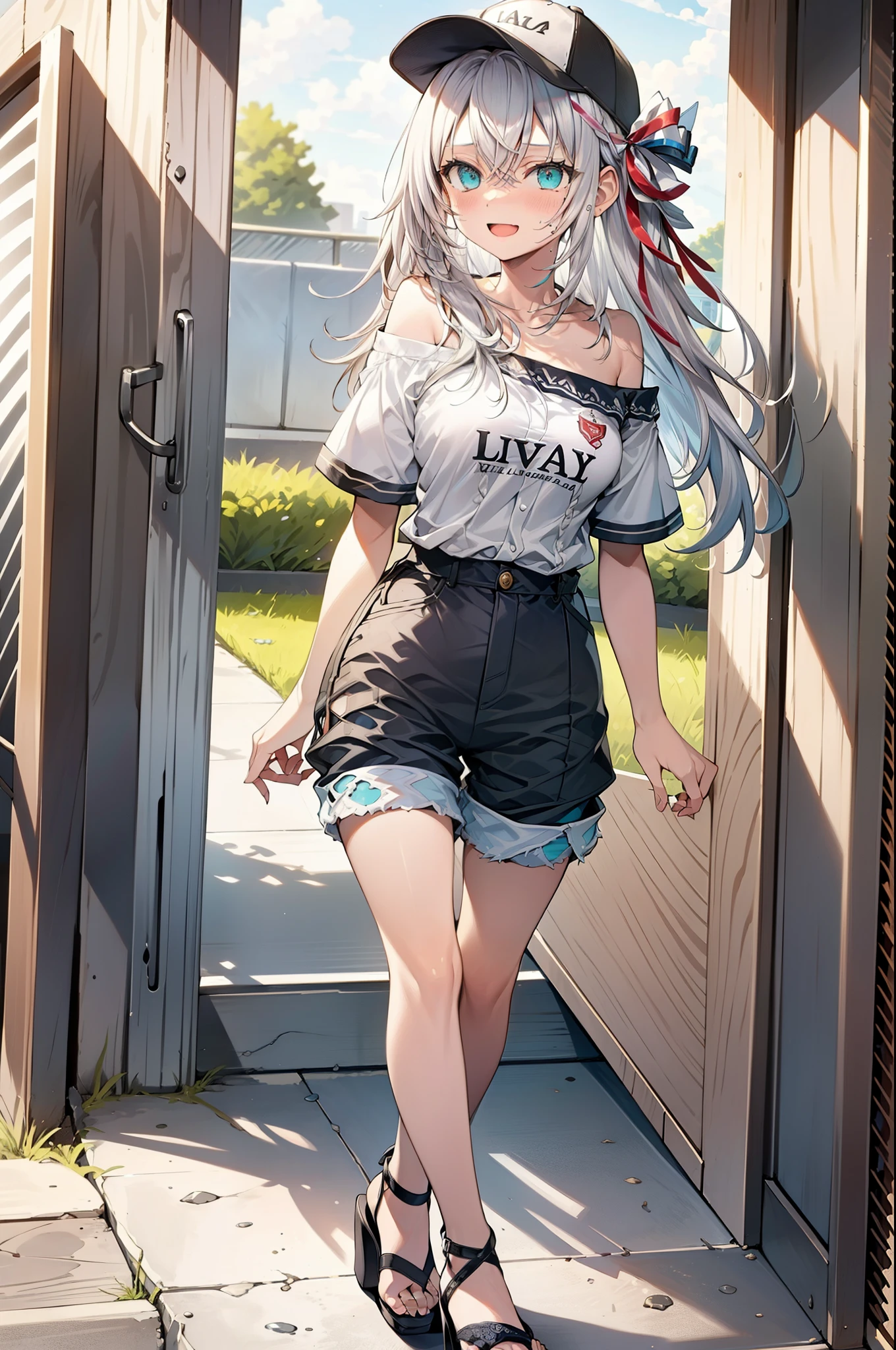 Alisa Mikhailovna Kujo,One Girl,Hair between the eyes, Aqua Eye, Gray Hair, Long Hair, ribbon, hair ribbon, Oversized one-shoulder shirt,Short sleeve,Shorts,Heeled Sandals,Baseball cap,walk,happy smile, smile, Open your mouth,whole bodyがイラストに入るように,Daytime,sunny,
break outdoors, construction area,
break looking at viewer, whole body,
break (masterpiece:1.2), Highest quality, High resolution, unity 8k wallpaper, (shape:0.8), (Beautiful attention to detail:1.6), Highly detailed face, Perfect lighting, Extremely detailed CG, (Perfect hands, Perfect Anatomy),