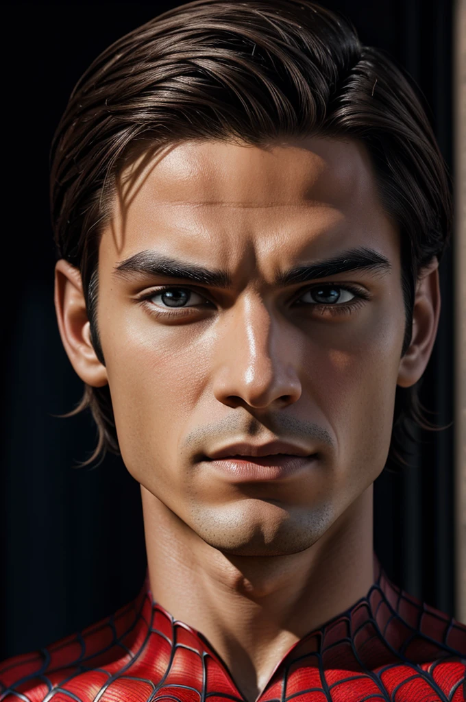 A photograph of Spider-Man., sin mascara, the 20s, elegant, detailed face, looking to the camera, portrait, 8k hd, high quality