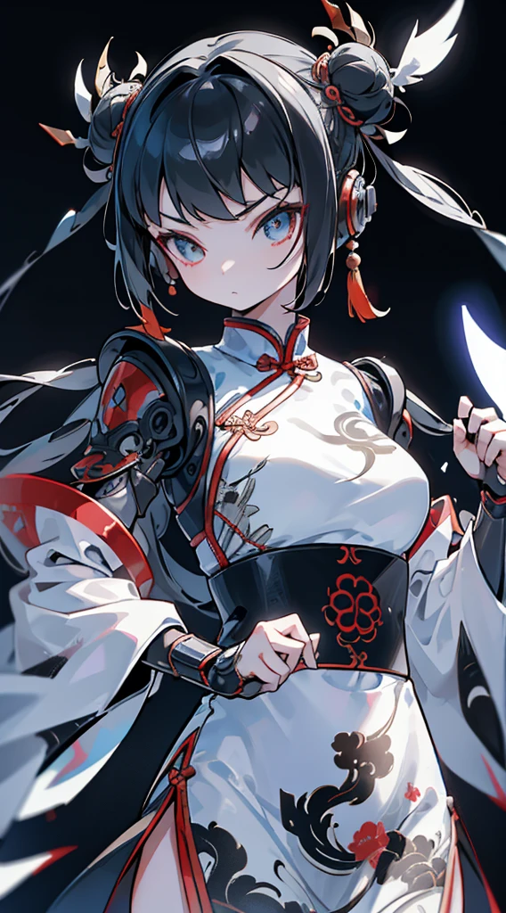 Cyberpunk style,Crane Girl,Crane element,Black and white elements,White long hair,White hair,Feather element,White wings,Wings Clothes,Wings Clothes,Chinese style,Chinese style,Chinese style,Cyberpunk style,cheongsam,Mechanical structure,Mechanical structure,黑白cheongsam,Fighting posture,Combat stance,Boxing Stance,Boxing Stance,羽毛cheongsam,cheongsam下摆,高开叉cheongsam,白色cheongsam,White hair,White long hair,Bun head,Ball head,Black hair band,Sci-fi style decoration,Close-up above the waist,City background,Street background,Cyberpunk duct background
