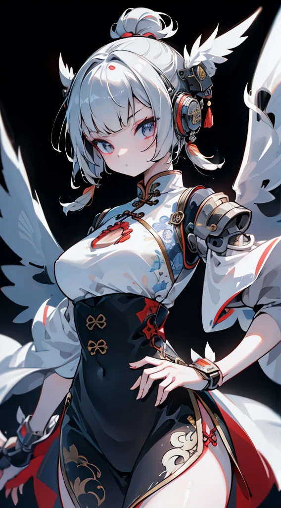 Cyberpunk style，Crane Girl，Crane element，Black and white elements，White long hair，White hair，Feather element，White wings，Wings Clothes，Wings Clothes，Chinese style，Chinese style，Chinese style，Cyberpunk style，cheongsam，Mechanical structure，Mechanical structure，黑白cheongsam，Fighting posture，Combat stance，Boxing Stance，Boxing Stance，羽毛cheongsam，cheongsam下摆，高开叉cheongsam，白色cheongsam，White hair，White long hair，Bun head，Ball head，Black hair band，Sci-fi style decoration，Close-up above the waist，City background，Street background，Cyberpunk duct background