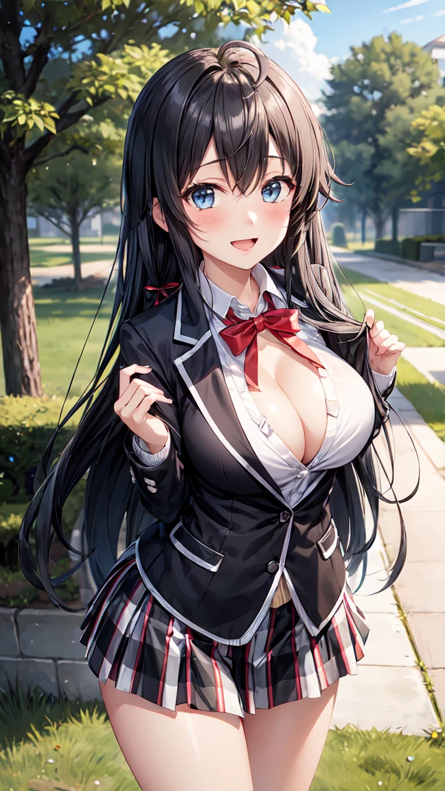 Masterpiece ,best quality , high resolution , (1 girl solo:1.38) , (yukino yukinoshita, black hair, blue eyes, long hair, ahoge) , (cleavage:1.02) , (big breast:1.03) , (blazer, cardigan, jacket, plaid skirt, , skirt, high  ) , (face view , look at view , front view , from front) , ( outdoor , grass , tree , in campus ) , (standing , thighs ) , (cowboy_shot) , (smile , open mouth full face blush , shy )