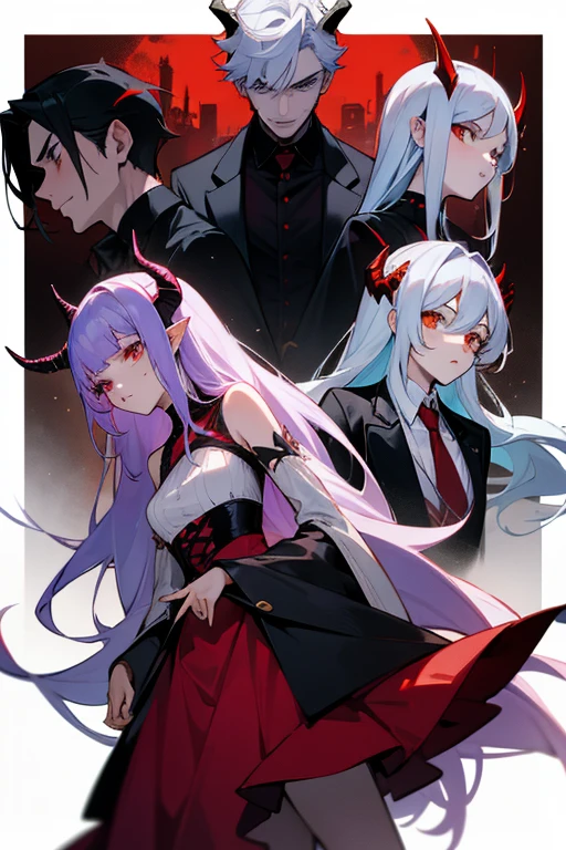 3 girls and two boys 1 girl is a beautiful and sensual vampire 2 a beautiful semi-human dragon girl 3 a demon girl with horns and quite beautiful Boys A huge monster boy with a serious face and quite strong Another handsome demon boy with horns
*specific*