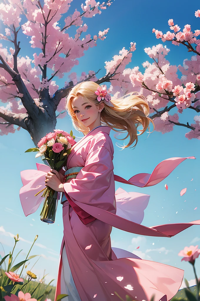 A beautiful woman wearing a pink kimono smiles while holding a bouquet of flowers under a clear blue sky