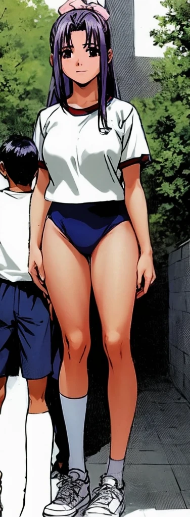 Momoko Koigakubo, a tall girl with beautiful legs, is standing with a smile on her face in a white gym uniform and light navy blue bloomers that look like panties.。Momoko Koigakubo is holding a young boy in a tracksuit.。
