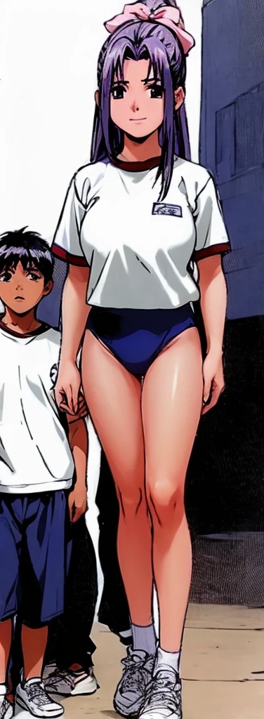 Momoko Koigakubo, a tall girl with beautiful legs, is standing with a smile on her face in a white gym uniform and light navy blue bloomers that look like panties.。Momoko Koigakubo is holding a young boy in a tracksuit.。