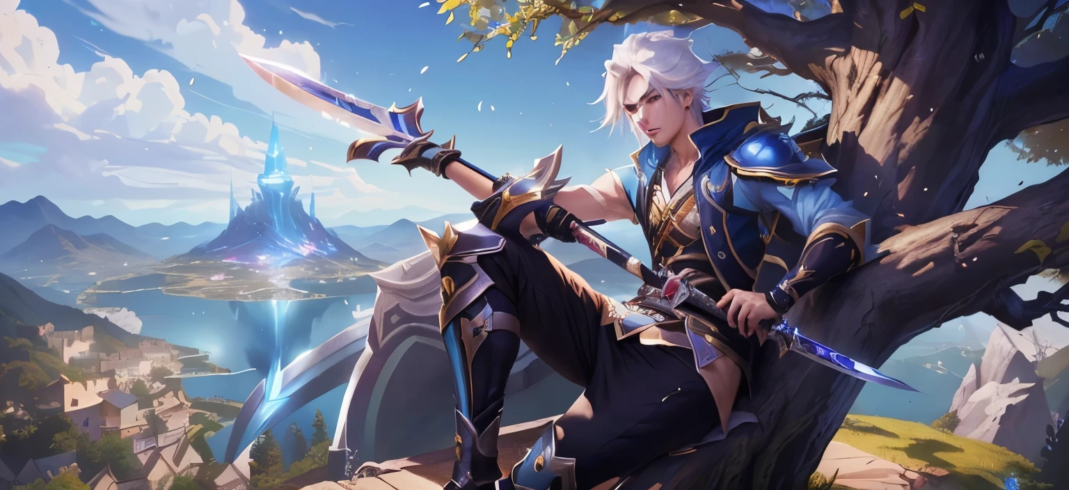 anime - style image of a male character sitting on a tree with a sword, ashe, official splash art, riven, iconic character splash art, from league of legends, league of legends character, amazing portrait of viego, character splash art, extremely detailed artgerm, league of legends splash art, league of legends character art, splash art