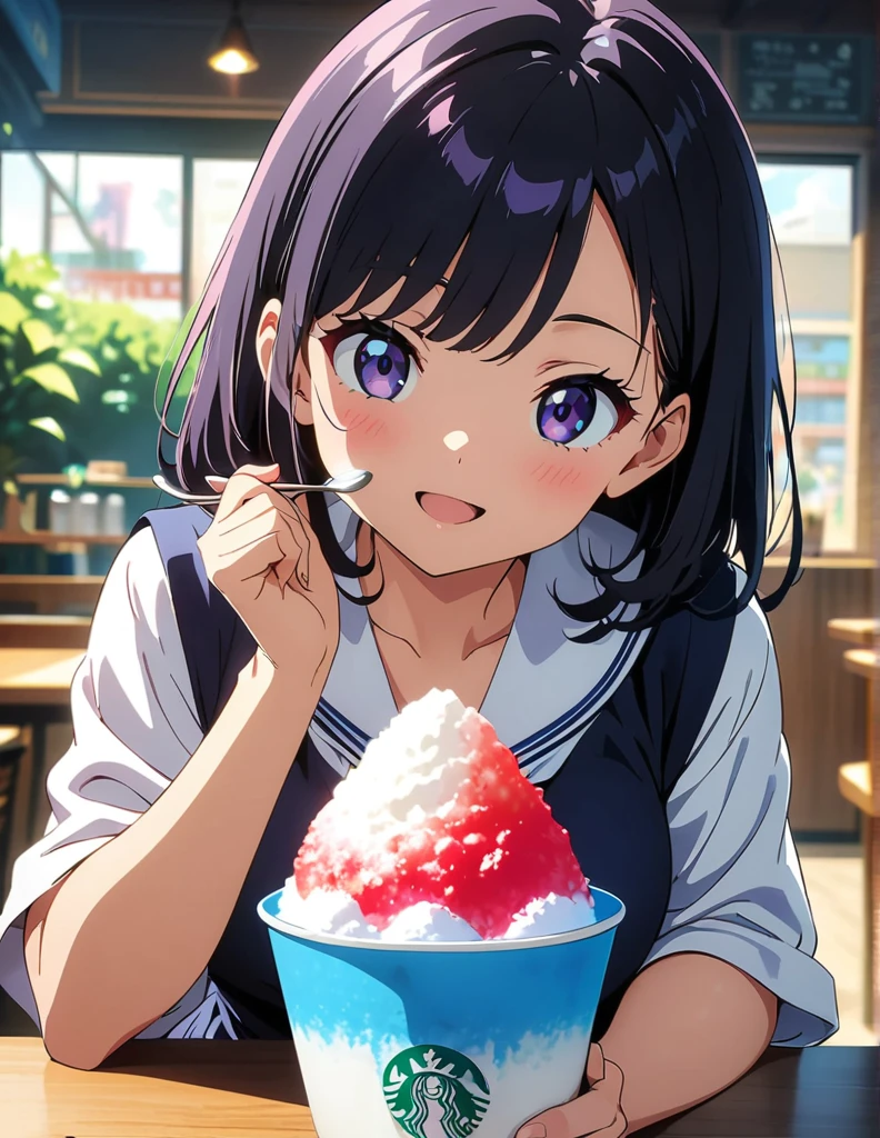 (anime artwork, anime style, studio anime, very detailed, up to date, vibrant, Anime Coloring, high contrast, masterpiece:1.2, best quality, best aesthetics),2 girl,Best quality,light smile,{{incoming_shaved ice}}, {{feeding}}, holding_spoon, foreshortening,{{blurry_foreground}}, blush, open mouth, head_tilt, perfect anatomy,cafe, 